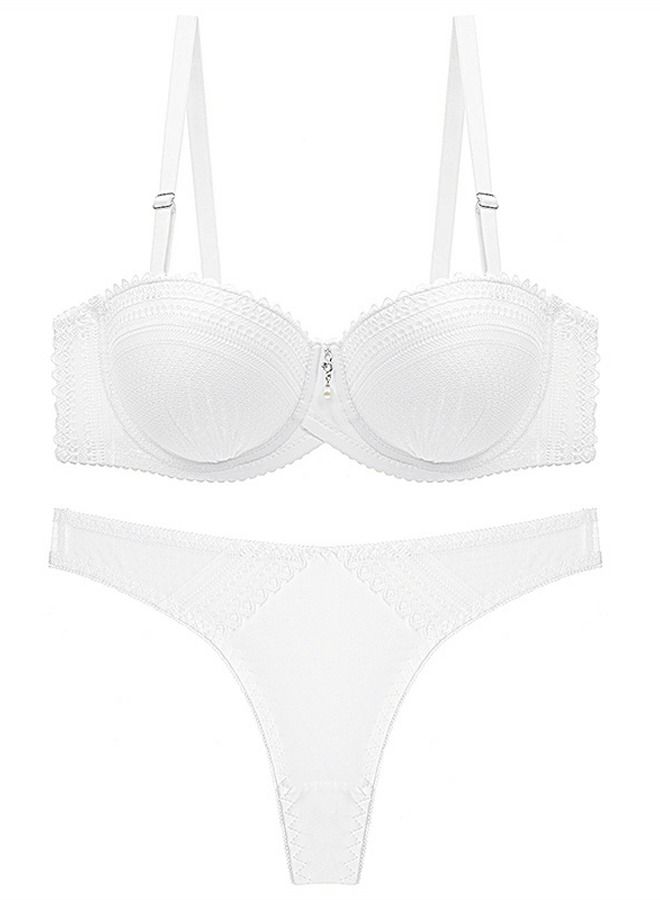 Loquat Solid Color B C Cup Thin Cup Lace Bra Panty Set White 
