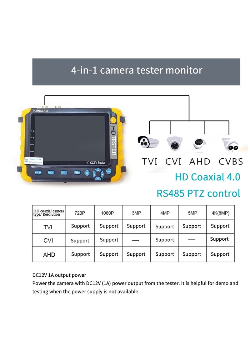 KASTWAVE - 5 Inch 4 in 1 CCTV Monitor Camera Tester, AHD/TVI/CVI/CVBS Coaxial Analog Video Monitor Tester, UTP/PTZ Cable Test for 1080P/3 4 5 8MP, VGA HDMI Input/DC12V Output Camera Portable CCTV Tester - Image 1