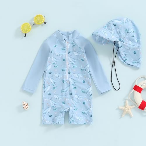 Socutebabe Toddler Infant Baby Boys Girl Swimsuit Kids Rash Guard One Piece Newborn Zipper Bathing Suit Swimwear with Hat (ww-Blue,0-3 Months) - Image 2