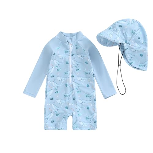 Socutebabe Toddler Infant Baby Boys Girl Swimsuit Kids Rash Guard One Piece Newborn Zipper Bathing Suit Swimwear with Hat (ww-Blue,0-3 Months) - Image 1