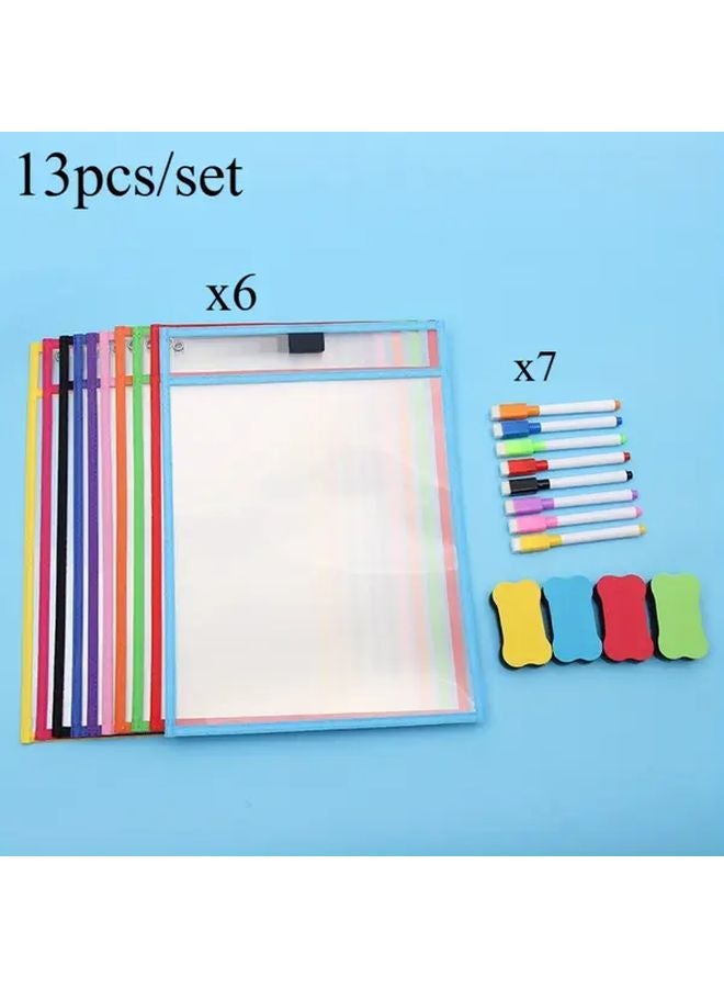 13pcs Reusable Dry Erase Pockets Set With 7 Pens For Teachers Classroom Supplies - Image 1