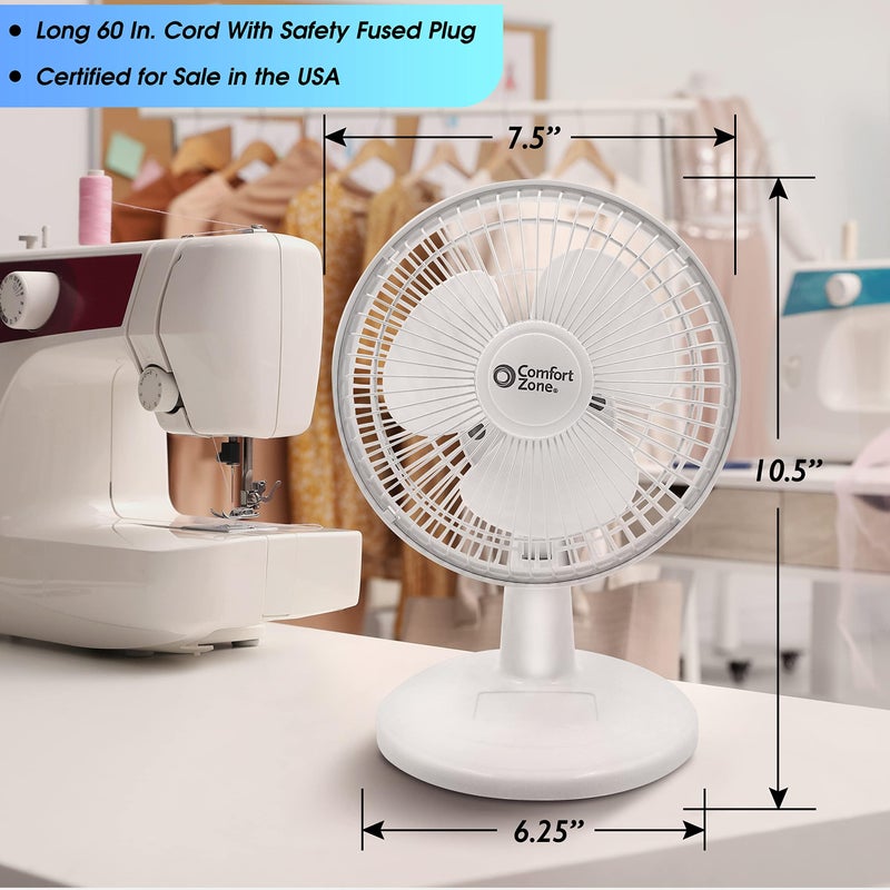 Comfort Zone 6-inch Mini Desk Fan with Fully Adjustable Tilt, Portable 2 Speed Tabletop Fan, Quiet Bedside or Office Fan with Stable Base, White - Image 5