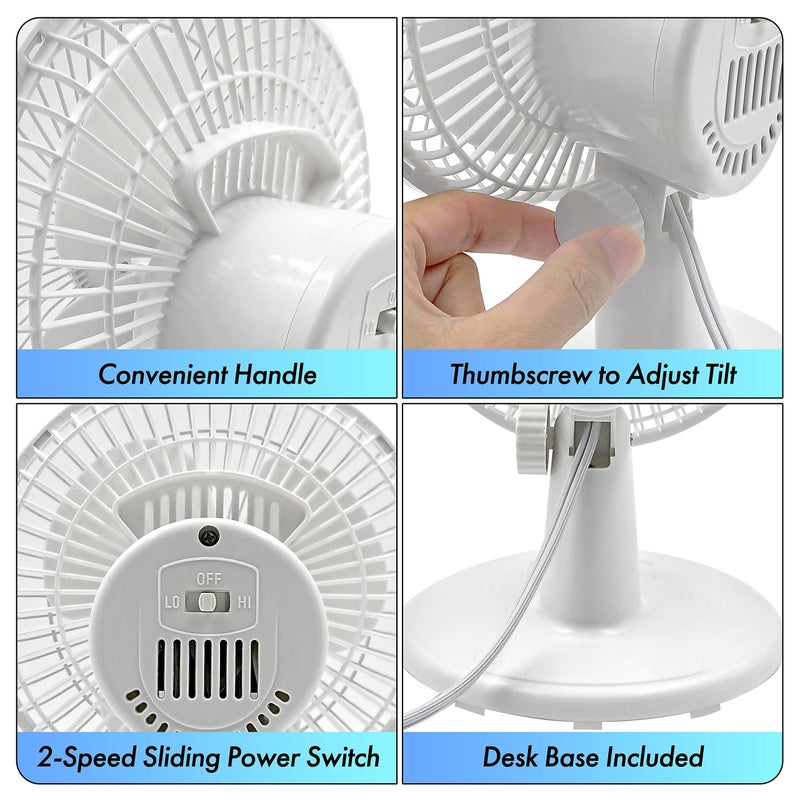 Comfort Zone 6-inch Mini Desk Fan with Fully Adjustable Tilt, Portable 2 Speed Tabletop Fan, Quiet Bedside or Office Fan with Stable Base, White - Image 4