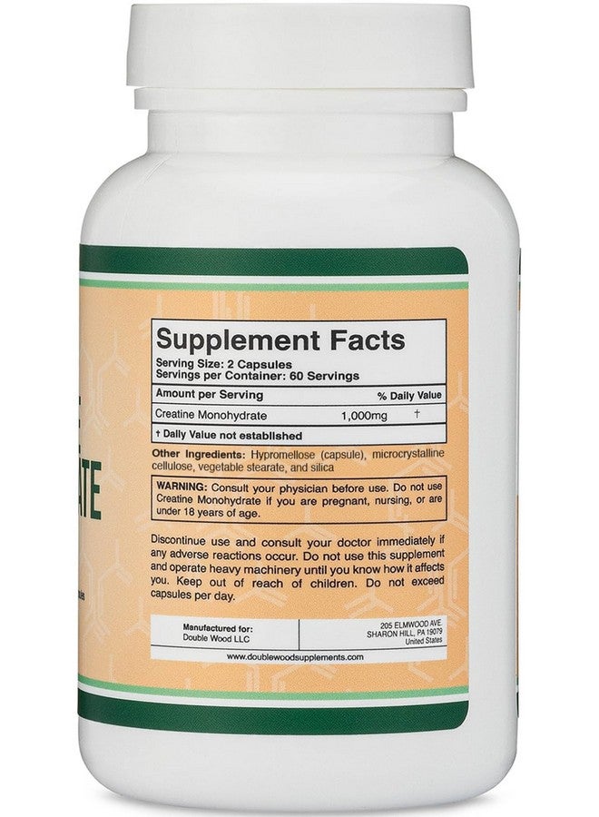 Creatine Pills 1,000mg Per Serving (120 Creatine Capsules) Micronized Creatine Monohydrate Powder with No Fillers, Vegan Safe, Non-GMO, Gluten Free (Non Stim Preworkout) by Double Wood