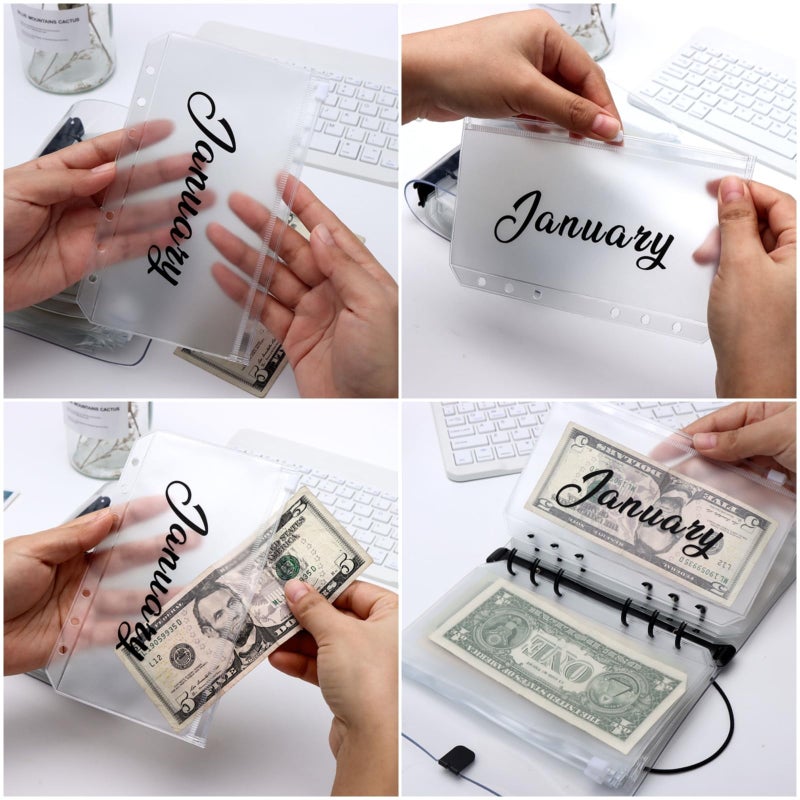 XiowDow A6 Binder Pockets 12 Months Cash Envelopes for Budgeting Frosted PVC Money Organizer Monthly Cash Stuffing Envelopes Zipper Pouch for Saving Budget Binder Wallet - Image 5