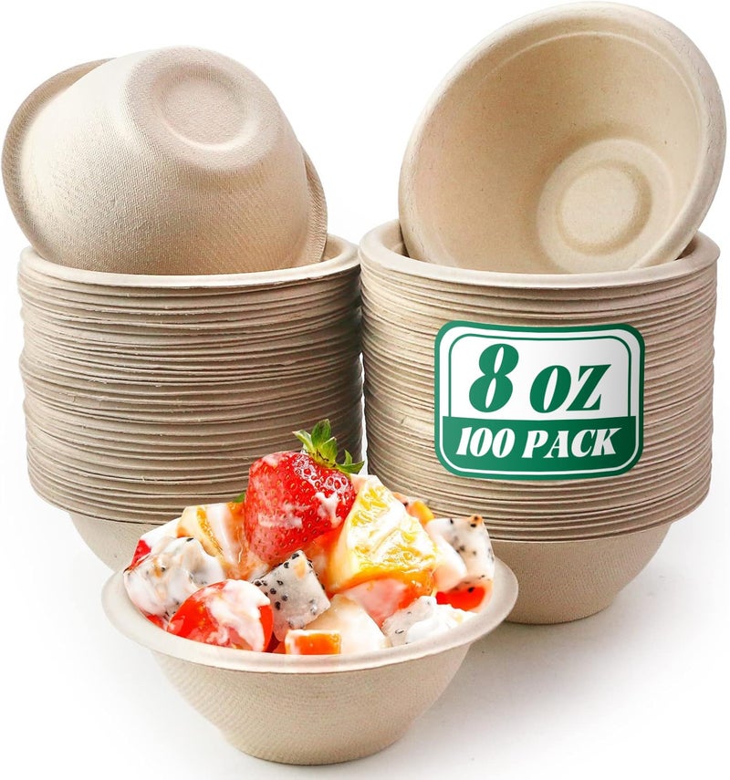 Oomcu 100 Pack 8oz Small Disposable Soup Bowls Bulk - Compostable & Biodegradable, Heavy Duty Recycled Paper Bowls for Hot Soup, Chili, Ice Cream, Salad, Dessert, Pasta, Picnic, Snacks (Brown) - Image 1