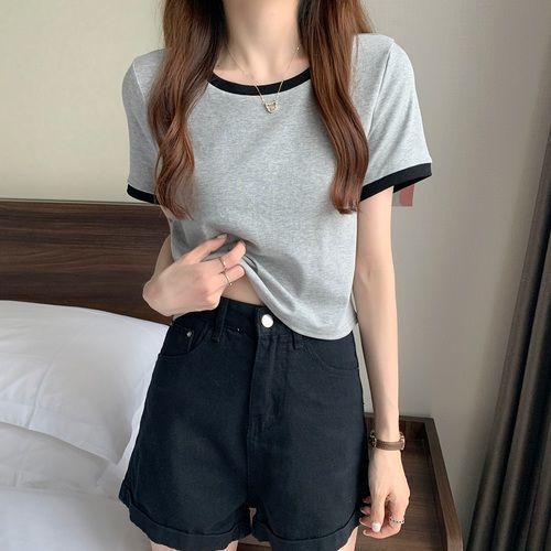 2023 Contrast Color Round Neck Short Sleeve T-shirt Womens Summer Base Shirt Korean Slim Fit Short T-shirt Female Students Wholesale Foreign Trade White  - Image 2