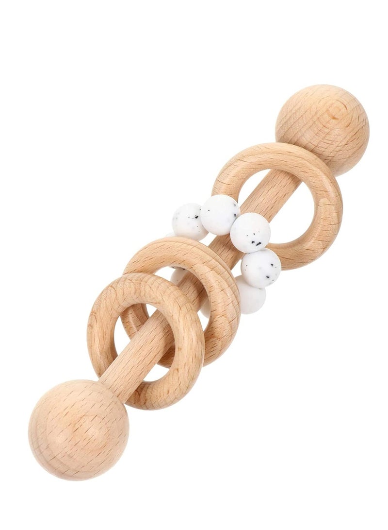 SYOSI Baby Wooden Toy Classic Rattle Perfect Montessori Grasping Teething Circlets with Pacifier Holder Clip for Babies White - Image 2