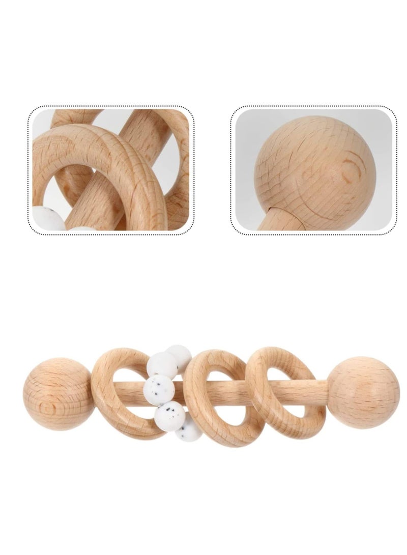 SYOSI Baby Wooden Toy Classic Rattle Perfect Montessori Grasping Teething Circlets with Pacifier Holder Clip for Babies White - Image 5