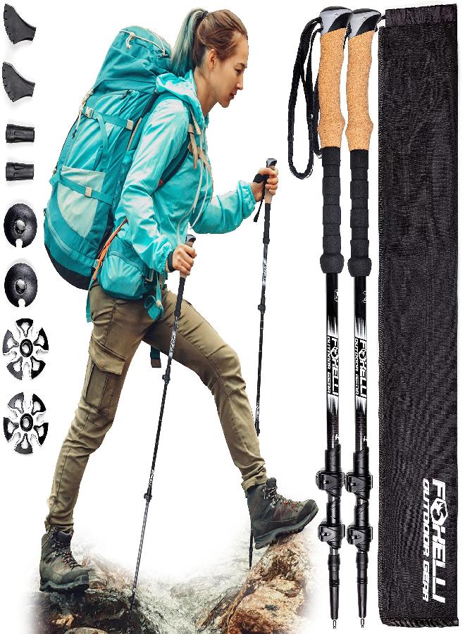 Foxelli Foxelli Carbon Fiber Trekking Poles - Lightweight Collapsible Hiking Poles, Shock-Absorbent Walking Sticks with Natural Cork Grips, Flip Locks, 4 Season/All Terrain Accessories and Carry Bag - Image 1