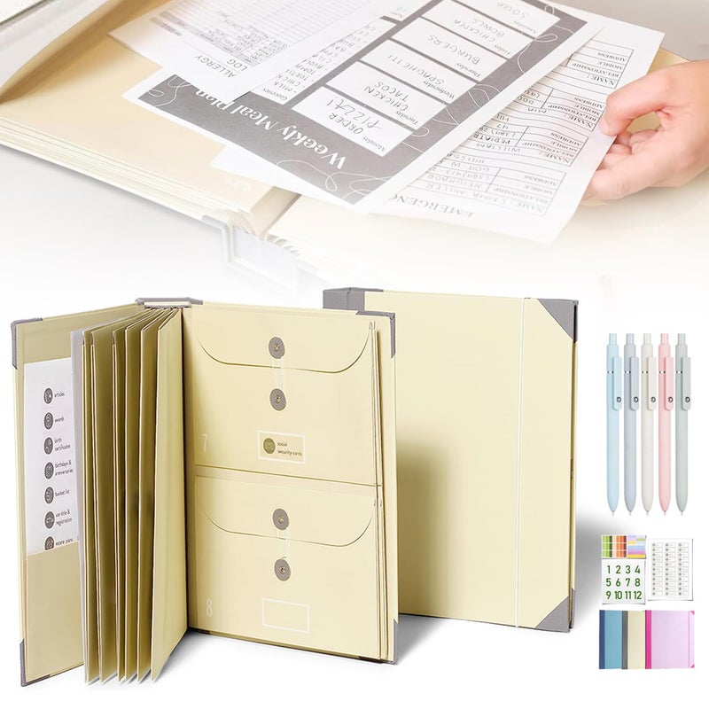 Pocket expansion folder with label sticker and 5 black gel pens, thickened file organizer for bill checking Birth certificate Estate planning Home school office, yellow - Image 1