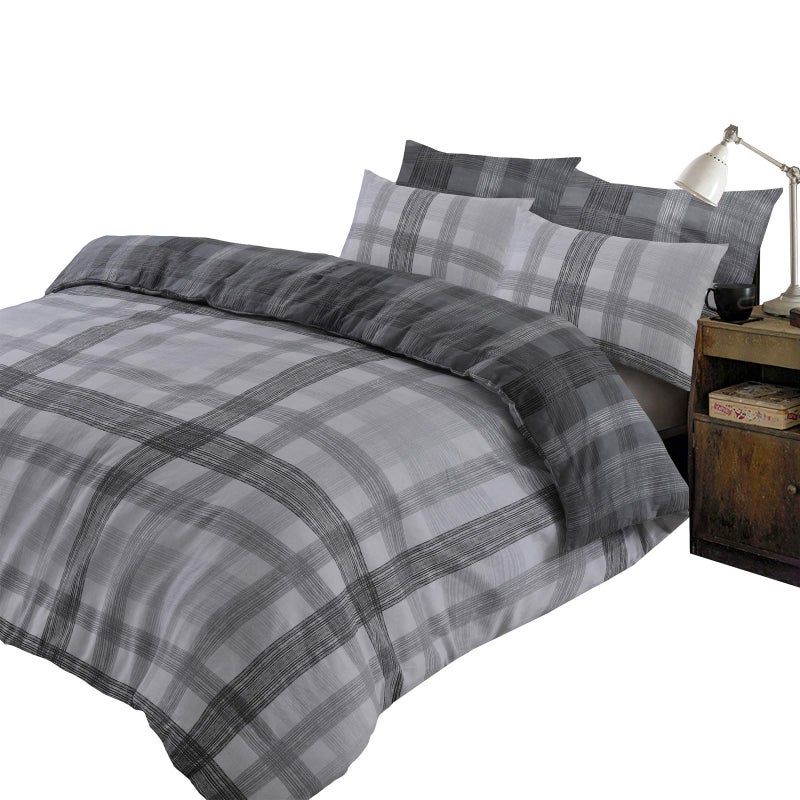 Dreamscene Boston 100 Brushed Cotton Duvet Cover with Pillow Case Flannelette Thermal Tartan Check Bedding Set Chracoal Grey Silver  Double