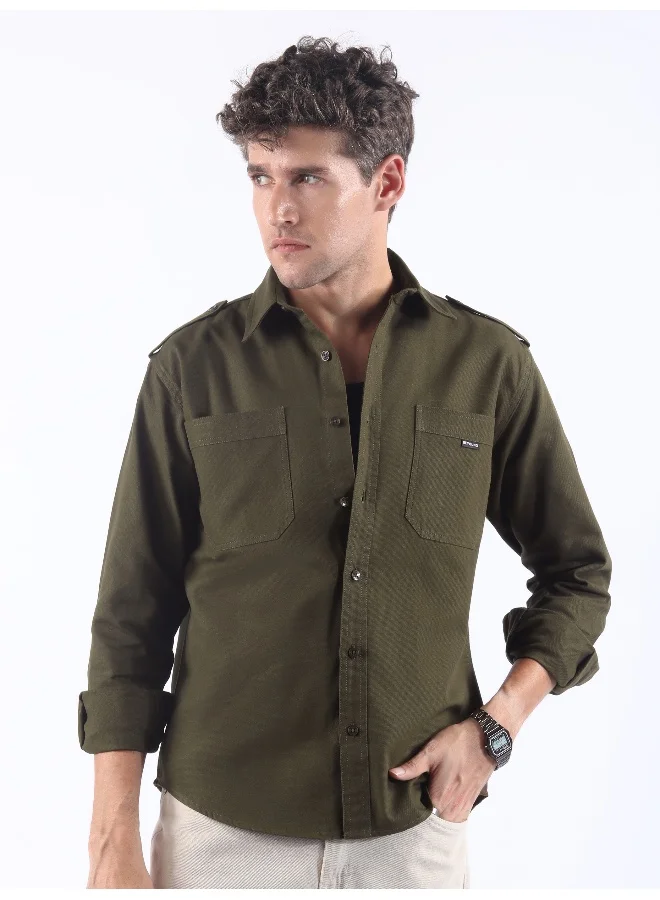 Beyoung Olive Shoulder Flap Cotton Shirt