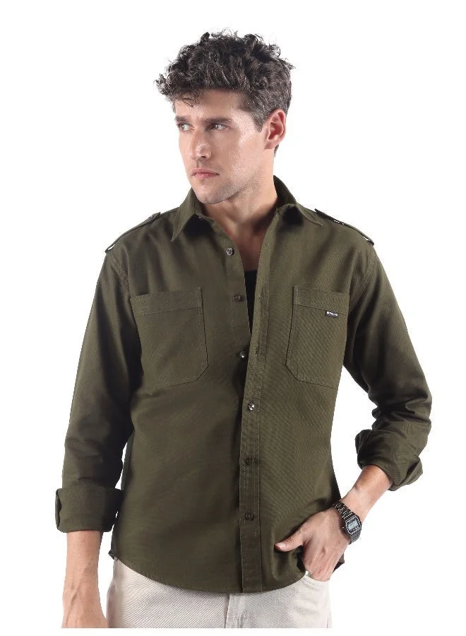 بيونغ قميص قطني بياقة كتف بزاوية زيتونية