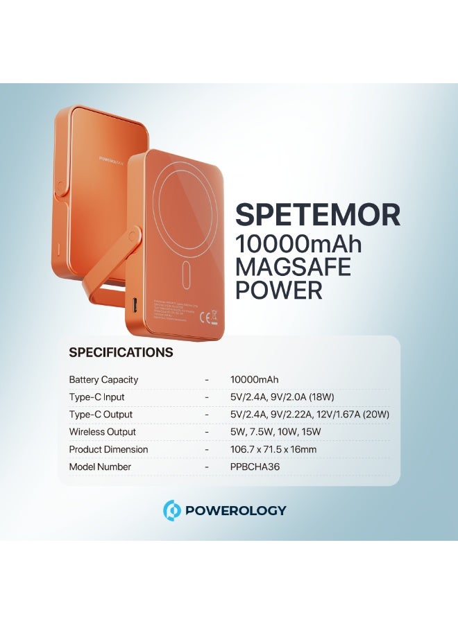Powerology Spetemor Magsafe Power Bank 10000mAh with Built In Stand & Input & PD 20W / Portable Powerbank /  Wireless Output 15W / Output Type C / Material Aluminum - Orange - Image 5