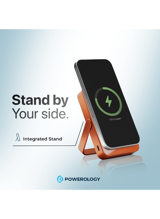 Powerology Spetemor Magsafe Power Bank 10000mAh with Built In Stand & Input & PD 20W / Portable Powerbank /  Wireless Output 15W / Output Type C / Material Aluminum - Orange - Image 4