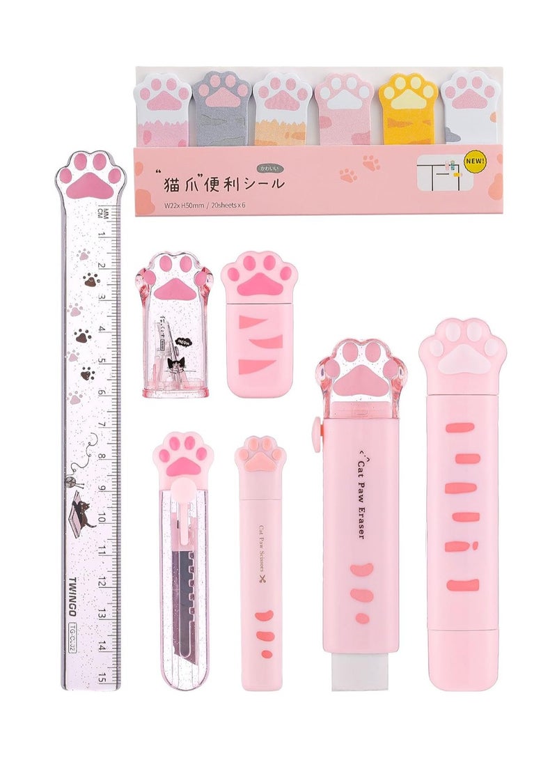 8 Pcs Cute Cat Paw Stationery Set Kawaii School Supplies Including Pencil Sharpener Retractable Eraser Correction Tape Sticky Notes Ruler Mini Scissors Utility for Cat Lovers Students (Pink) - Image 2