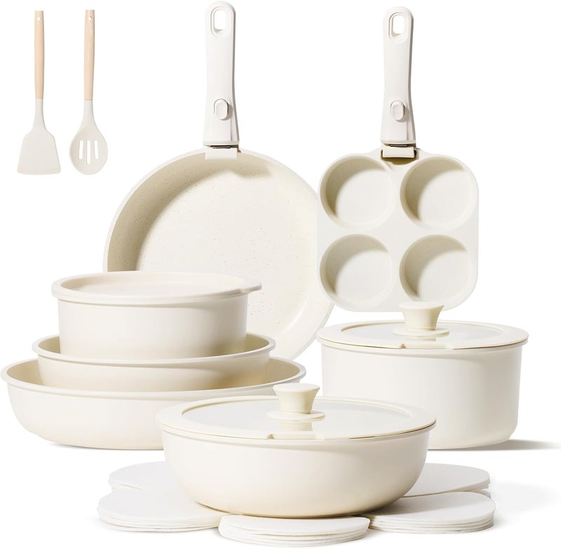 Jeetee Pots and Pans Set Non Stick 19pcs, Kitchen Cookware Sets with Detachable Handle, Induction Nonstick Cookware Set with Removable Handle, Stackable RV Cookware, Oven Safe, PFAS/PFOA Free, Beige - Image 1
