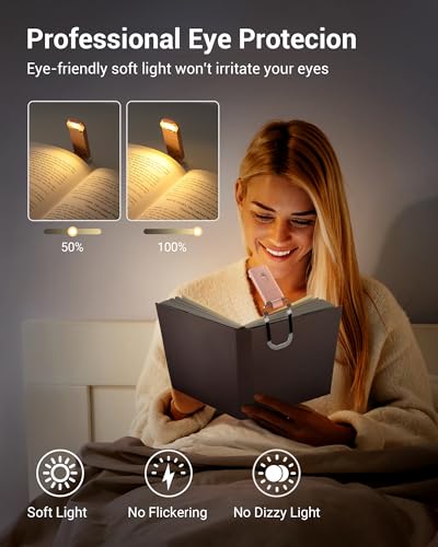 DEWENWILS USB Rechargeable Book Light, LED Clip on Reading Lights for Books in Bed at Night, Portable Bookmark Lamps, Warm White, Brightness Adjustable, Perfect for Bookworms, Kids (Light Pink) - Image 2