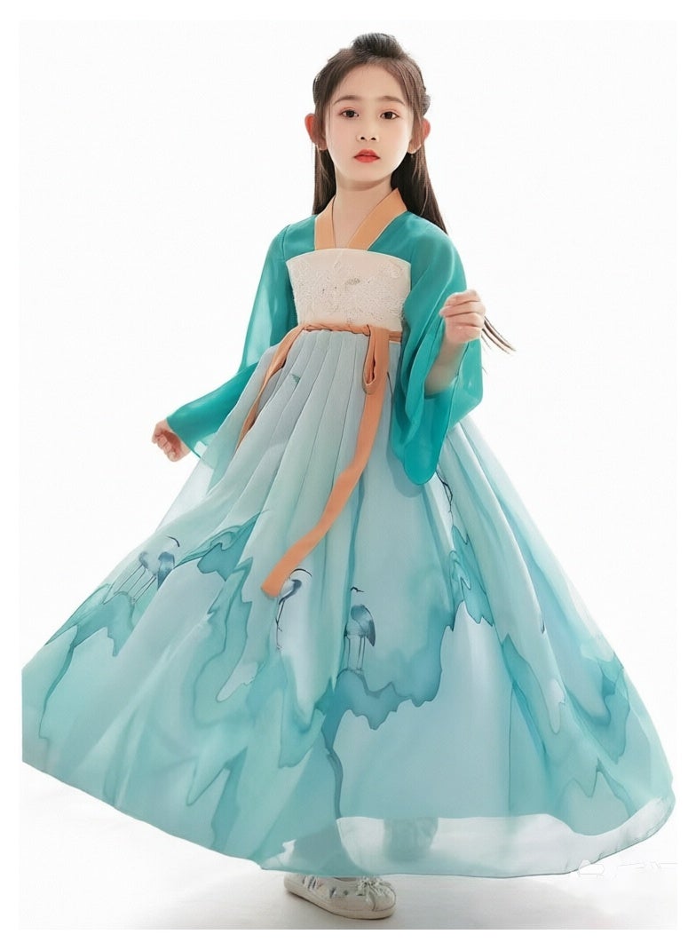 liannaner Kids Girls Hanfu Chinese Traditional QiXiong RuQun Long Flowy Chiffon Dress, Ink Wash Crane Mountain Print Wide Sleeve Ancient Tang Style Fairy Outfit for Cultural Festival Birthday Piano Stage Party, Mint Green - Image 1