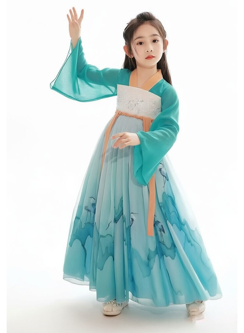 liannaner Kids Girls Hanfu Chinese Traditional QiXiong RuQun Long Flowy Chiffon Dress, Ink Wash Crane Mountain Print Wide Sleeve Ancient Tang Style Fairy Outfit for Cultural Festival Birthday Piano Stage Party, Mint Green - Image 4