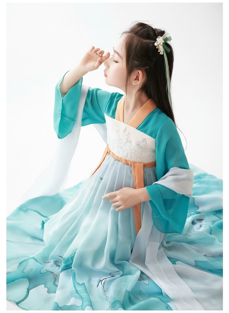 liannaner Kids Girls Hanfu Chinese Traditional QiXiong RuQun Long Flowy Chiffon Dress, Ink Wash Crane Mountain Print Wide Sleeve Ancient Tang Style Fairy Outfit for Cultural Festival Birthday Piano Stage Party, Mint Green - Image 5