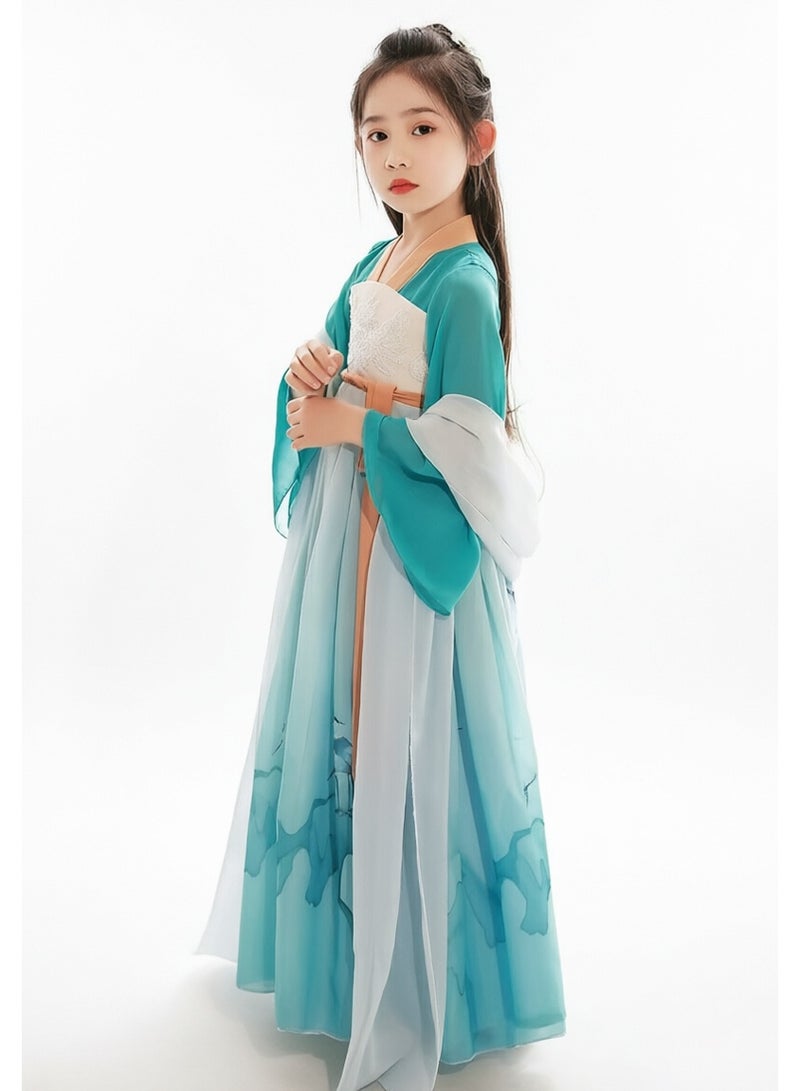 liannaner Kids Girls Hanfu Chinese Traditional QiXiong RuQun Long Flowy Chiffon Dress, Ink Wash Crane Mountain Print Wide Sleeve Ancient Tang Style Fairy Outfit for Cultural Festival Birthday Piano Stage Party, Mint Green - Image 3
