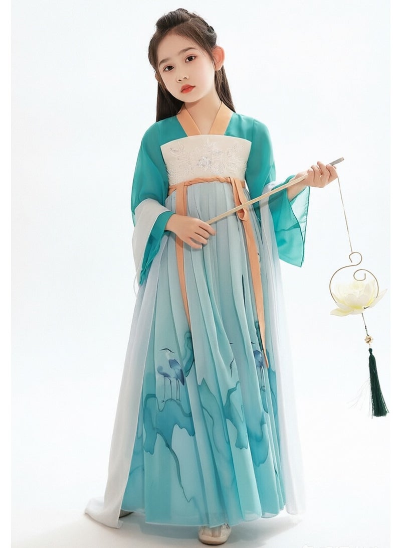 liannaner Kids Girls Hanfu Chinese Traditional QiXiong RuQun Long Flowy Chiffon Dress, Ink Wash Crane Mountain Print Wide Sleeve Ancient Tang Style Fairy Outfit for Cultural Festival Birthday Piano Stage Party, Mint Green - Image 2