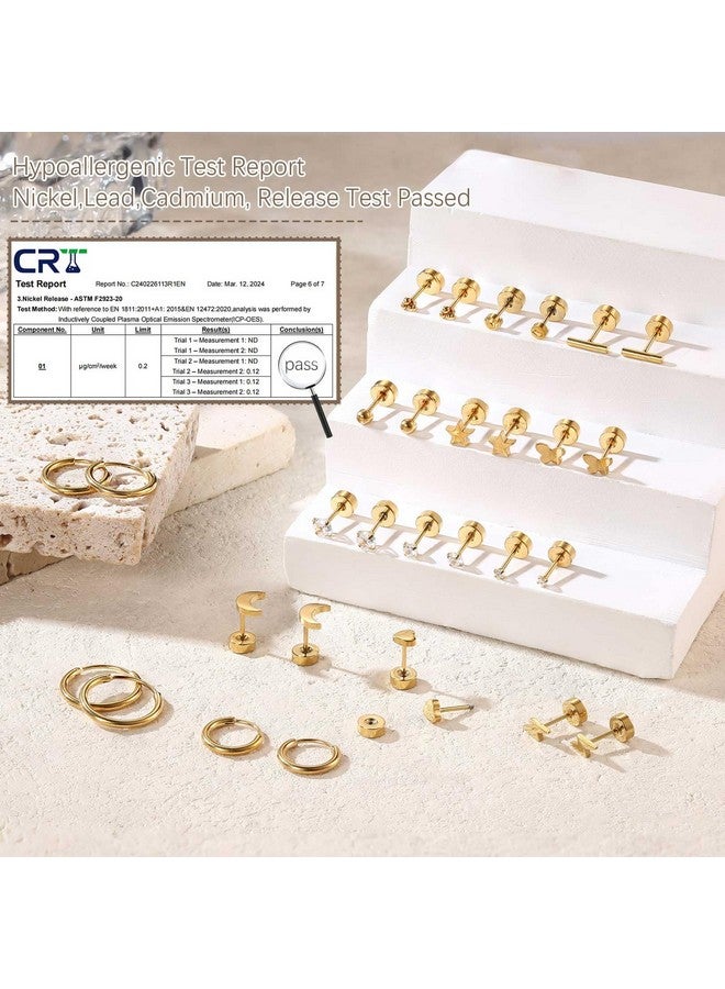 Jstyle Hypoallergenic Surgical Steel Earrings for Sensitive Ears 14K Gold Flat Back Stud Earrings for Women Men Small Stainless Steel Stud Hoop Screw Back Cartilage Earring Multiple Piercing Gold Tone - Image 2