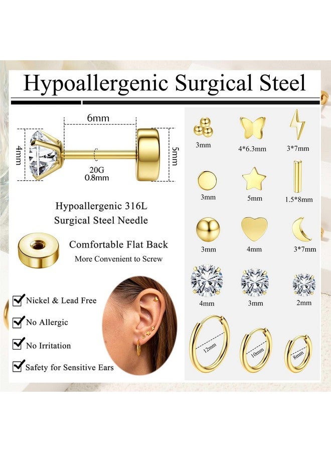 Jstyle Hypoallergenic Surgical Steel Earrings for Sensitive Ears 14K Gold Flat Back Stud Earrings for Women Men Small Stainless Steel Stud Hoop Screw Back Cartilage Earring Multiple Piercing Gold Tone - Image 4