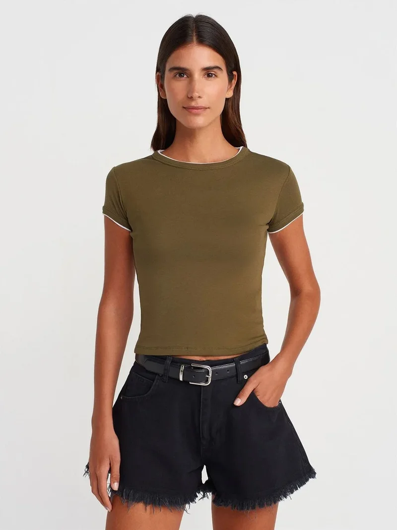 ديلفين DILVIN Women's Slim Fit Cotton Crop T-Shirt