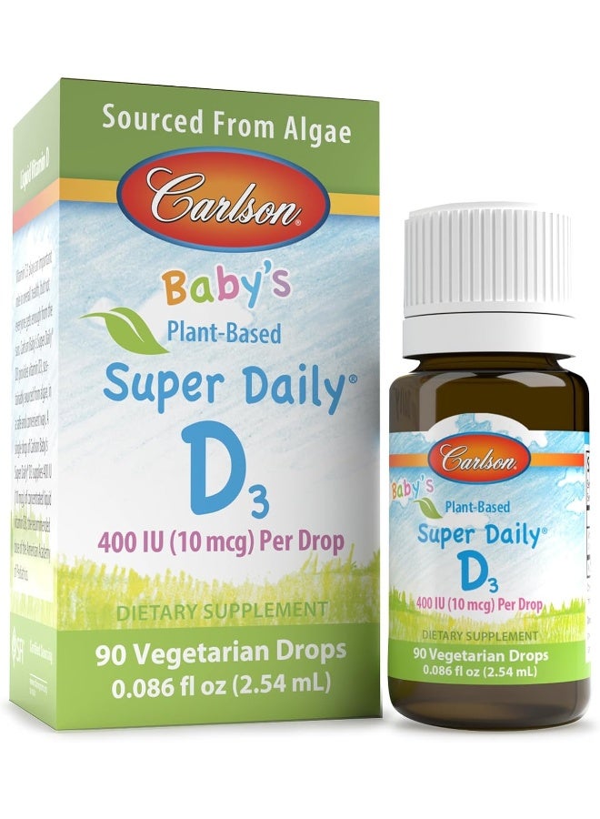 Carlson - Baby's Plant-Based Super Daily D3, Baby Vegetarian Liquid Vitamin D Drops, 400 IU (10 mcg) per Drop, Sourced from Algae, for Infants and Toddlers, Unflavored, 90 Drops (2.54 mL) - Image 1