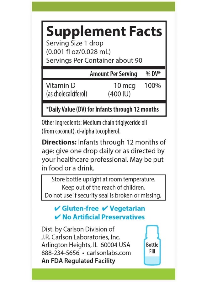 Carlson - Baby's Plant-Based Super Daily D3, Baby Vegetarian Liquid Vitamin D Drops, 400 IU (10 mcg) per Drop, Sourced from Algae, for Infants and Toddlers, Unflavored, 90 Drops (2.54 mL) - Image 3