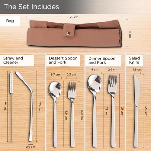 UMAI Portable 7-Piece Stainless Steel Food-Grade Utensil Set - Travel-Friendly | Camping Cutlery | Reusable | Easy to Carry | Ideal for All Occasions | Durable and Practical (Brown Cover) - Image 4