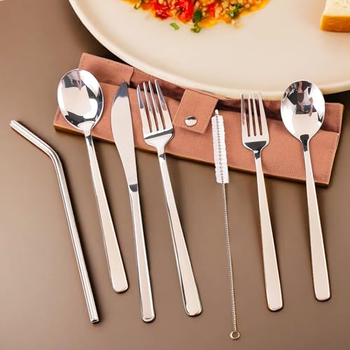 UMAI Portable 7-Piece Stainless Steel Food-Grade Utensil Set - Travel-Friendly | Camping Cutlery | Reusable | Easy to Carry | Ideal for All Occasions | Durable and Practical (Brown Cover) - Image 1