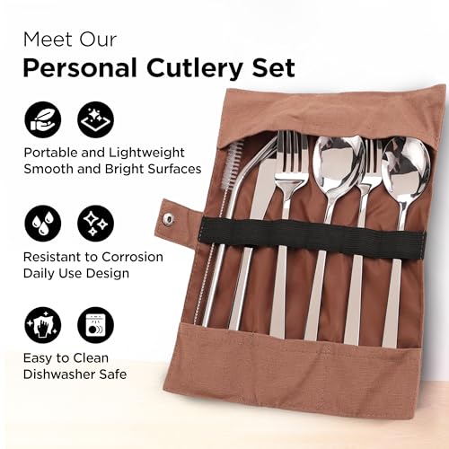 UMAI Portable 7-Piece Stainless Steel Food-Grade Utensil Set - Travel-Friendly | Camping Cutlery | Reusable | Easy to Carry | Ideal for All Occasions | Durable and Practical (Brown Cover) - Image 2