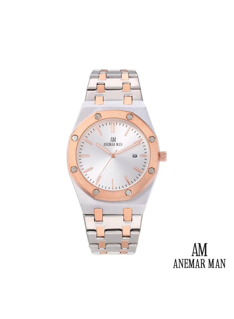 ANEMAR MAN High-quality, water-resistant men's stainless steel wristwatch with a silver and bronze strap and silver dial.