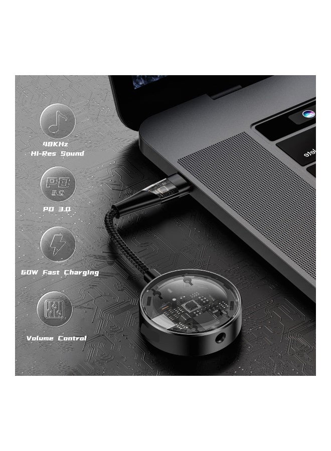 محول USB-C إلى سماعة 3.5mm وشاحن، 2 في 1 USB نوع C إلى TRRS AUX/ميكروفون مع شحن سريع PD 3.0 بقوة 60 واط، محطة دocking عالية الدقة مع شريحة DAC (أسود) - 1 عبوة - Image 3