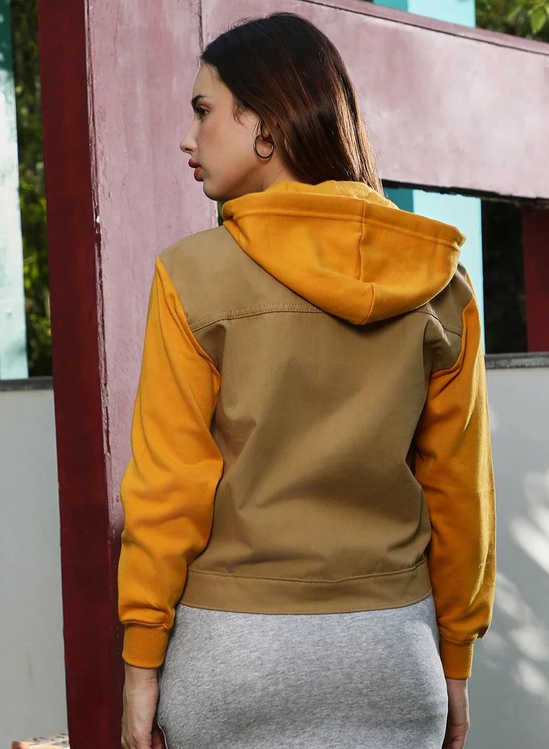 Campus Sutra Women's Khaki Brown & Mustard Yellow Dark-Wash Block Denim Jacket