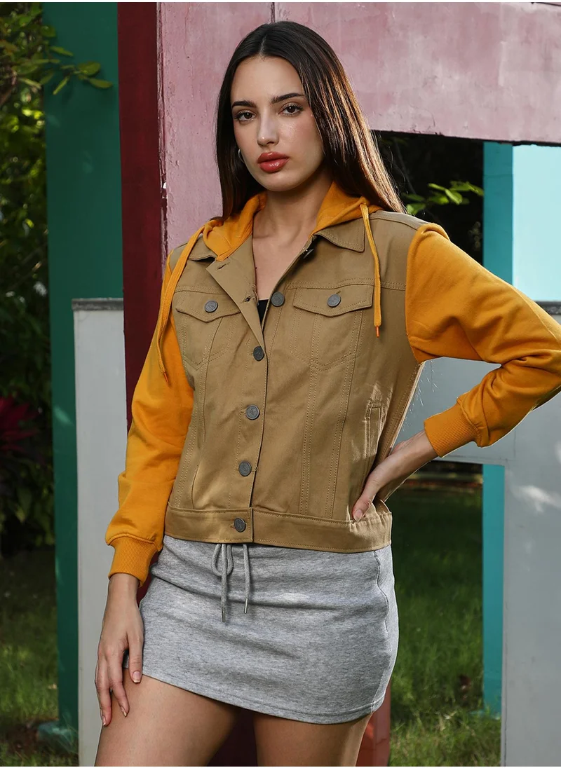 Campus Sutra Women's Khaki Brown & Mustard Yellow Dark-Wash Block Denim Jacket