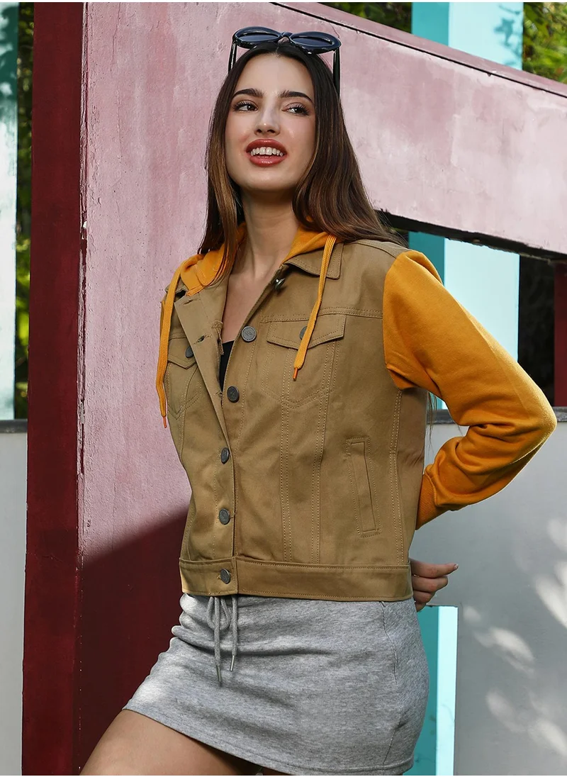 Campus Sutra Women's Khaki Brown & Mustard Yellow Dark-Wash Block Denim Jacket