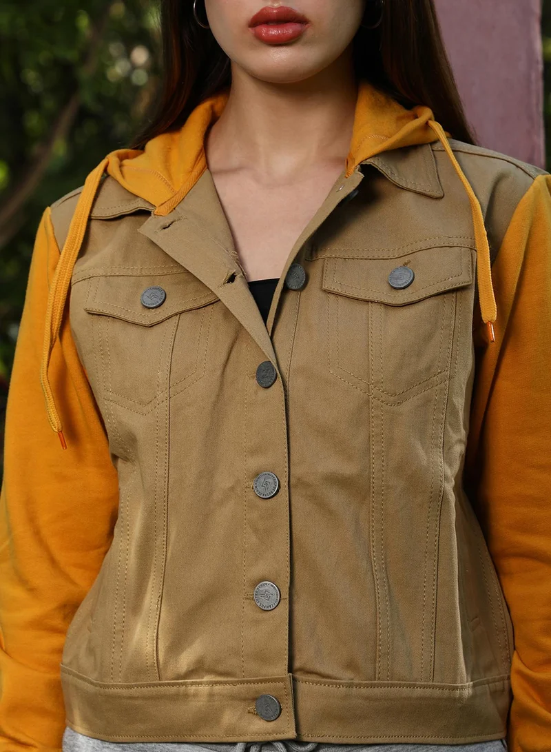Campus Sutra Women's Khaki Brown & Mustard Yellow Dark-Wash Block Denim Jacket