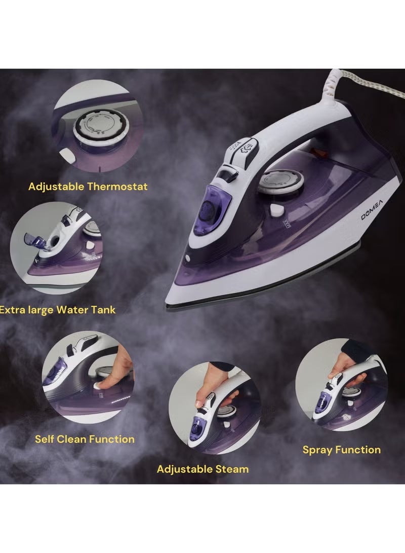 DOMEA Steam Iron with Adjustable Thermostat | 2200W, Lightweight, Ceramic Soleplate, Anti-Drip & Anti-Calc, Spray & Steam Burst, Auto Clean - Image 3