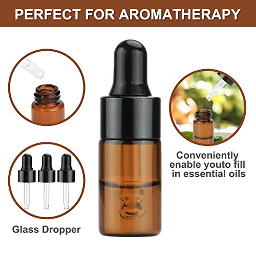 Furnido Pack of 100,3ml Amber Glass Dropper Bottle,Empty Sample Vial Glass Eye Dropper Aromatherapy Liquid Perfume Essential Oil Bottles with Glass pipette&Black Aluminum caps-Pipette&Funnel included - Image 3