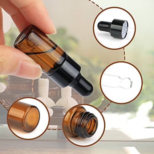Furnido Pack of 100,3ml Amber Glass Dropper Bottle,Empty Sample Vial Glass Eye Dropper Aromatherapy Liquid Perfume Essential Oil Bottles with Glass pipette&Black Aluminum caps-Pipette&Funnel included - Image 5