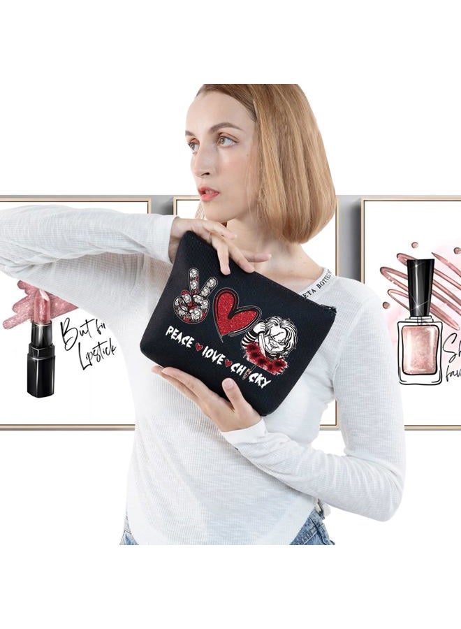 LEVLO Horrible Movie Cosmetic Make up Bag Movie Fans Gifts Peace Love Movie Makeup Zipper Pouch Bag For Horror Movie Lover, Peace Chucky Black, Cosmetic Bag - Image 3