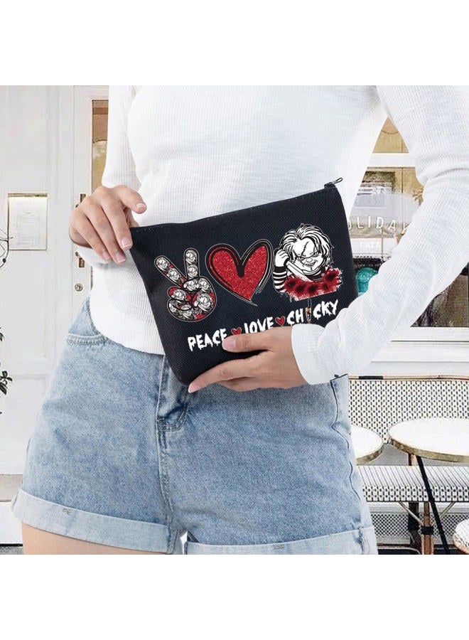 LEVLO Horrible Movie Cosmetic Make up Bag Movie Fans Gifts Peace Love Movie Makeup Zipper Pouch Bag For Horror Movie Lover, Peace Chucky Black, Cosmetic Bag - Image 5