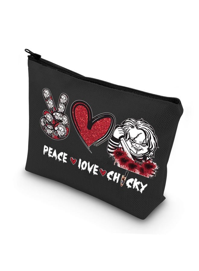 LEVLO Horrible Movie Cosmetic Make up Bag Movie Fans Gifts Peace Love Movie Makeup Zipper Pouch Bag For Horror Movie Lover, Peace Chucky Black, Cosmetic Bag - Image 1