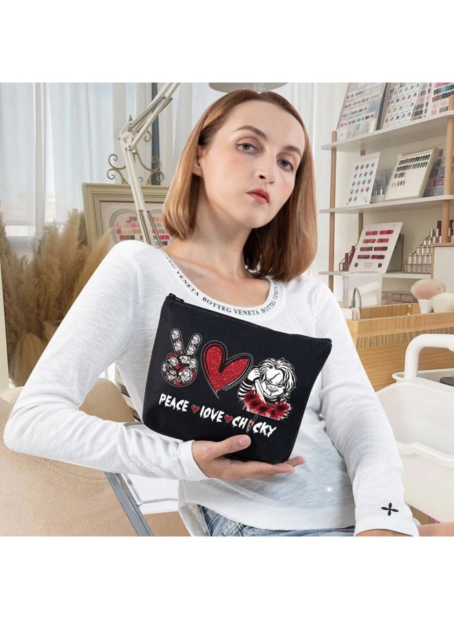 LEVLO Horrible Movie Cosmetic Make up Bag Movie Fans Gifts Peace Love Movie Makeup Zipper Pouch Bag For Horror Movie Lover, Peace Chucky Black, Cosmetic Bag - Image 4