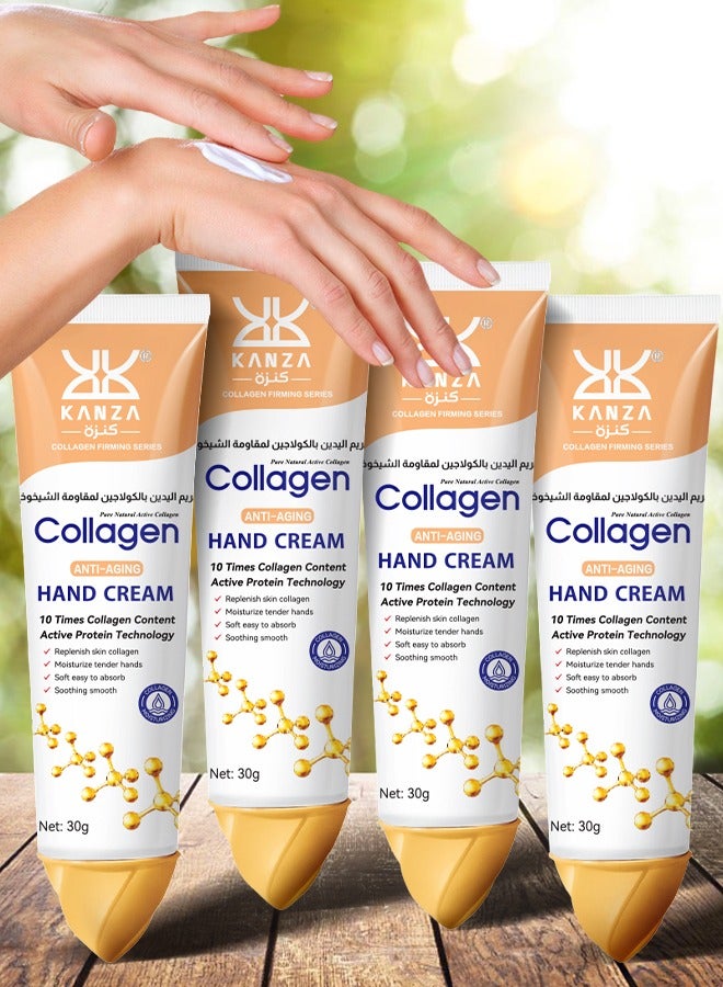 Kanza 4 قطع كريم يد مضاد للشيخوخة بالكولاجين مرطب عميق كريم يد مضاد للتجمد ومنع التشققات ناعم ومشرق كريم يد بالكولاجين مرطب مرطب يصلح الأيدي الجافة والخشنة 4x30 جرام - Image 1